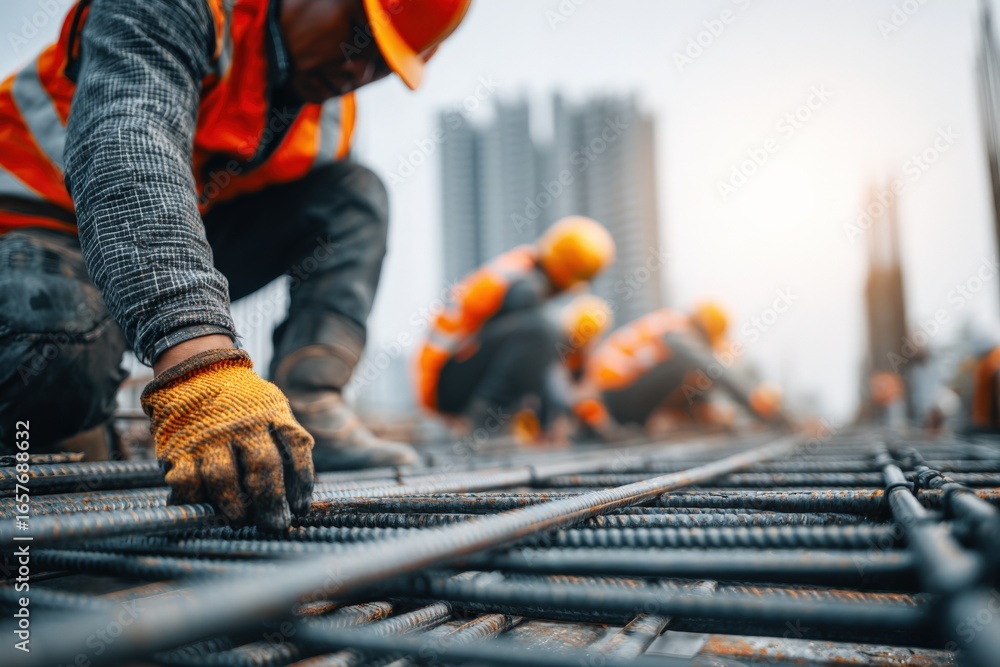 Poster construction worker securing rebar reinforcement at construction site with colleagues building infra
