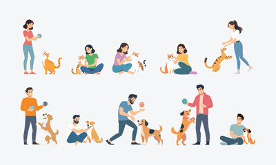 Fototapeta premium People playing with cat and dog vector graphic illustration set