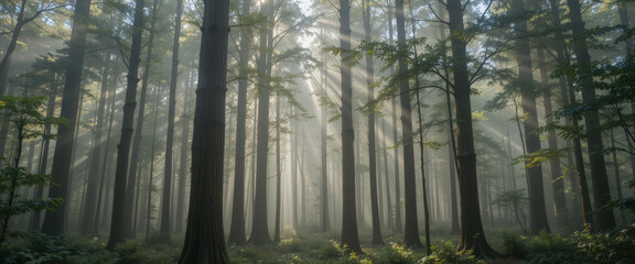 Fototapeta premium Sunlight filtering through dense forest trees nature scene morning light tranquil environment ground level view serenity