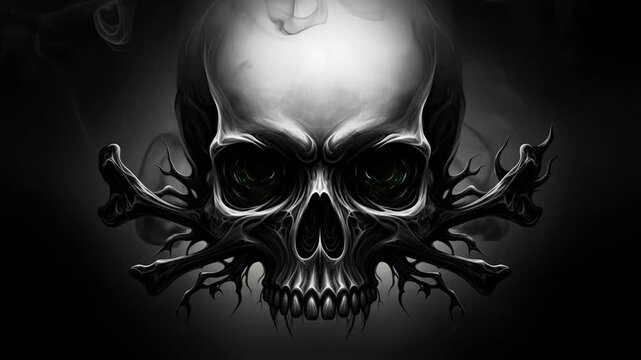Surreal Smoke Skull with Glowing Eyes - A digital video of a skull with glowing green eyes, surrounded by dark, smoky tendrils and intricately detailed crossbones.