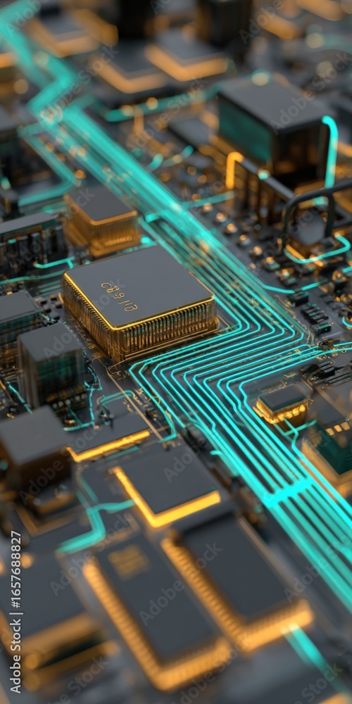 Poster abstract circuit board illustration with glowing components for technology and engineering visuals
