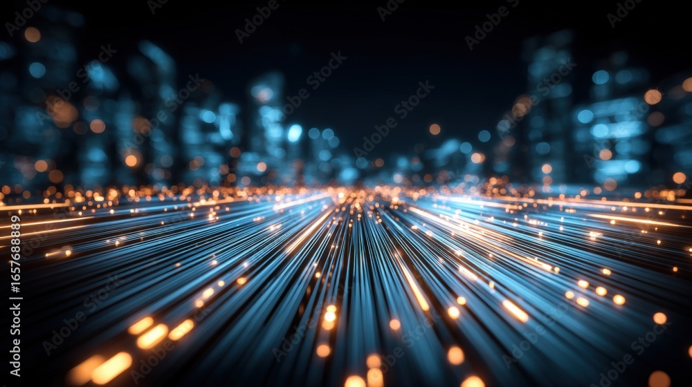 Poster futuristic cityscape digital stream visualization, technology background with data flow and abstract