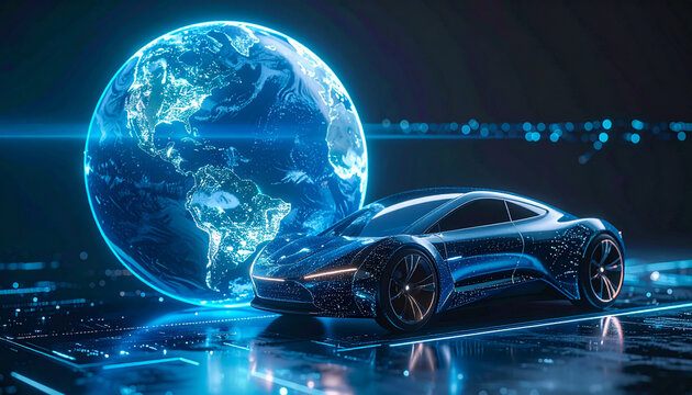 Futuristic electric car design with a glowing digital Earth in the background, showcasing innovation.