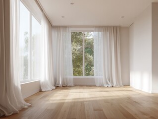 A room with white curtains and a window. The curtains are open and the room is empty. The floor is made of wood