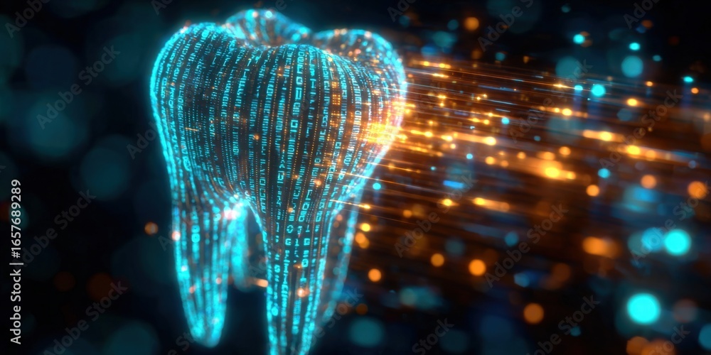 Poster digital tooth futuristic technology, dental health innovation concept, binary code structure and dat