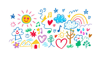 Cheerful doodle art with sun clouds hearts and music notes