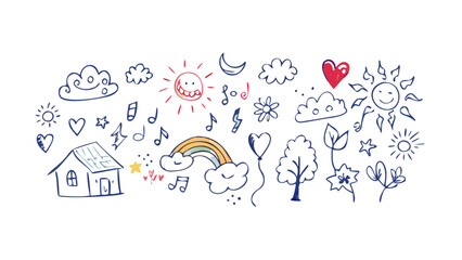 Cheerful doodle art with sun moon and house vector