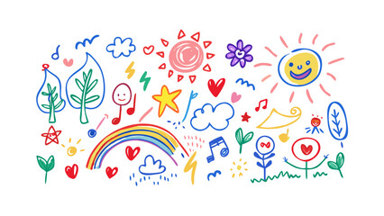 Cheerful doodle art with sun rainbow and nature elements