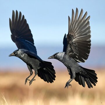 Two crows in flight over a field