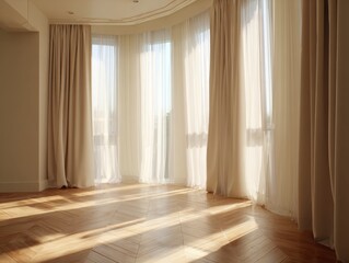 A room with white curtains and a wooden floor. The curtains are open and the room is bright