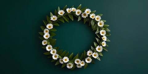 Circular Wreath of White Flowers with Green Leaves on Teal Background