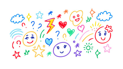 Cheerful doodle elements with smiling faces and stars