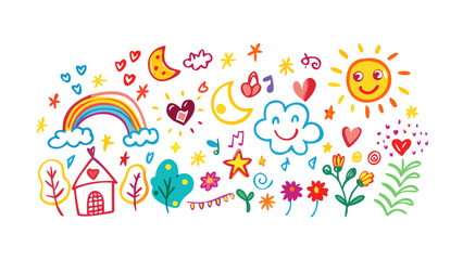 Cheerful doodle elements with sun rainbow and house