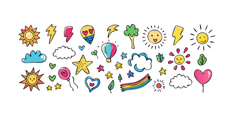 Cheerful doodle icons with playful elements lightning bolt