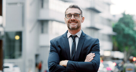 Happy, city and portrait of businessman with crossed arms for urban development, real estate and...