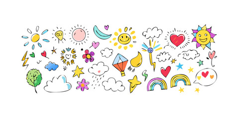 Cheerful doodle icons with suns clouds and rainbows