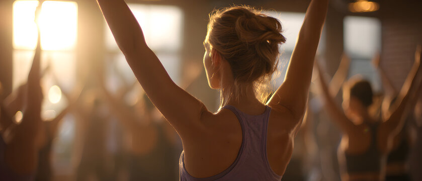 Empowered women raising arms in sunlit yoga class, feeling motivated and strong