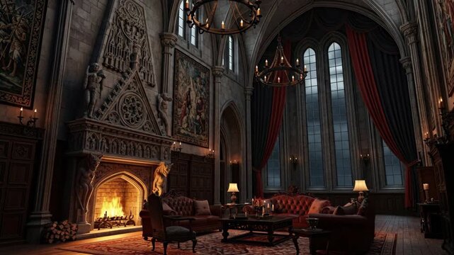 Gothic Castle Living Room with Fireplace - A digitally video cinematic view of a lavish Gothic castle living room.
