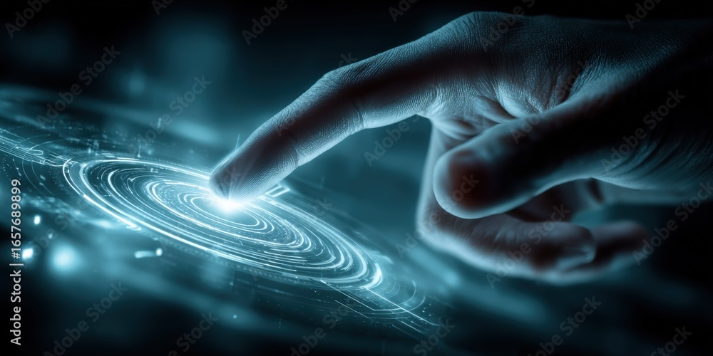Poster interactive technology concept: finger touching digital interface with circular light trails in a da