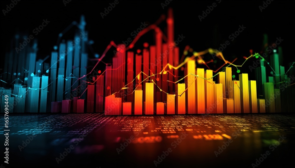 Poster dynamic financial data visualization with colorful charts and graphs displaying market trends and ec