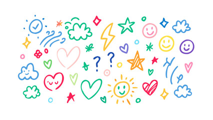 Colorful hand drawn doodles with smiley faces and hearts