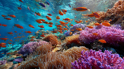 Coral reef ecosystem with orange fish swimming in ocean water marine life underwater photography vibrant scene