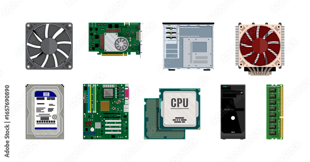 Poster computer hardware components set. flat style stock vector collection illustration. modern pc parts f
