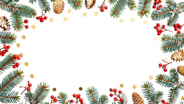 Evergreen branches red berries pinecones gold dots festive border isolated on a transparent background