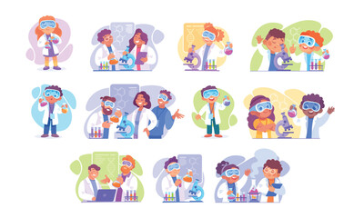 Cartoon scientists inspire young minds through fun experiments in a colorful depiction