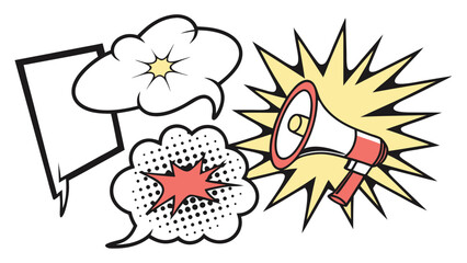 Comic style speech bubbles and megaphone thought bubble