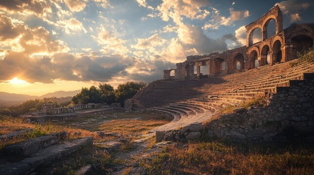 Ancient gladiator arena background. Roman or Greek amphitheater, colosseum. Antique stadium