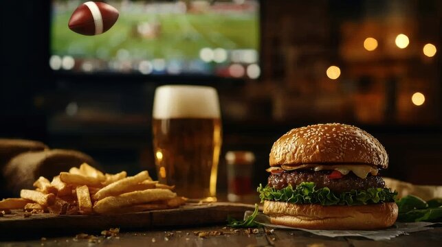 Delicious burger and fries served with a cold beer in a lively sports bar during a football game