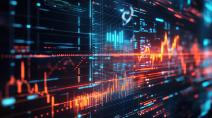 A futuristic interface displaying complex data streams and dynamic graphs with vibrant colors and gridlines