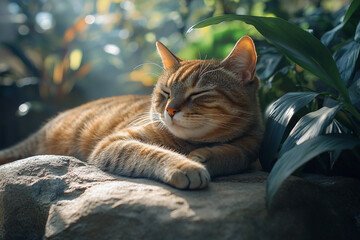 Generative ai image of beautiful tabby cat with golden eyes looking up peacefully while sitting in green summer garden