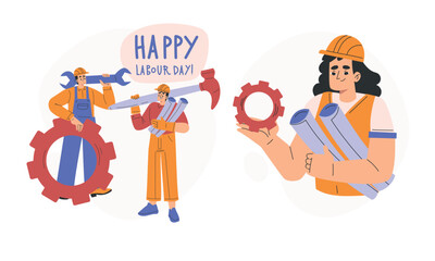 A Group of Happy Workers Utilizing Tools in a Colorful Cartoon Style Illustration