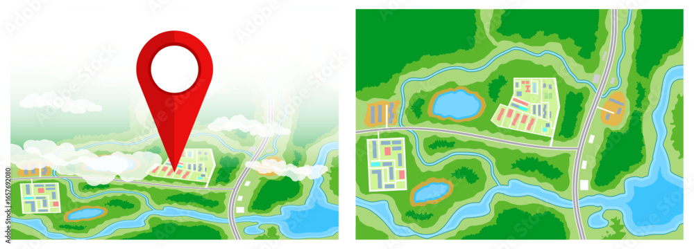 Poster red map pointer icon over a flat illustration of an abstract city map with buildings, roads, and gre