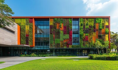 Contemporary educational building featuring a vertical garden. The vibrant greenery covering the facade highlights sustainable and eco-friendly design practices in modern academic, Generative AI