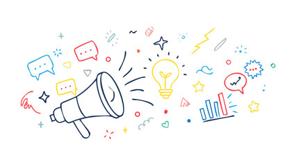 Doodle style megaphone light bulb and chat bubbles