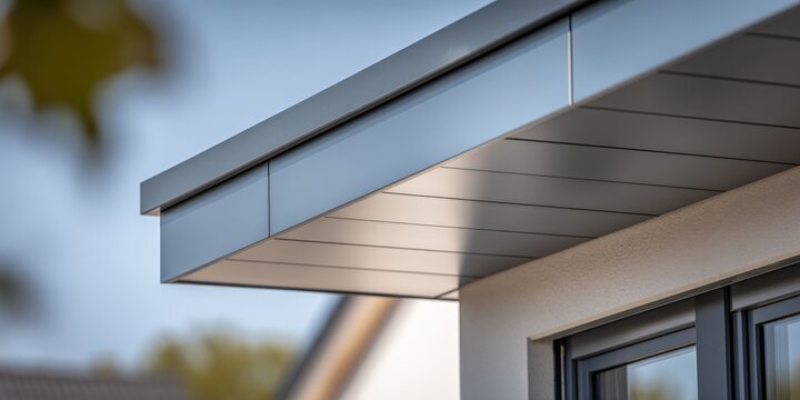 Modern aluminum canopy with clean lines, contemporary architectural detail, and exterior home design elements under natural light