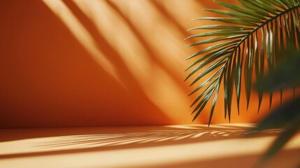 Shadows of palm leaves cast on an orange background create a vibrant interplay of light and nature in a warm setting