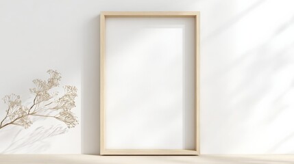 Minimalist Wooden Frame Mockup with Floral Accent and Soft Shadows on White Wall