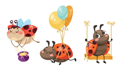 Naklejka premium Colorful Ladybug Characters and Friends Joyfully Celebrating with Balloons and Activities