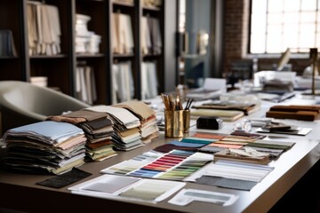 A product design room with fabric samples and color swatches A machine learning algorithm is recommending materials based on durability data, Generative AI 