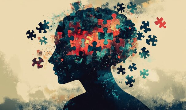 Depiction of ADHD and mental health challenges, featuring symbolic representations like scattered puzzle pieces, a brain illustration, or a person in contemplation, reflecting, Generative AI