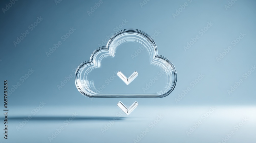 Poster cloud computing and data download concept: transparent cloud icon with arrows on blue background