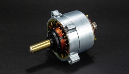 Brushless DC motor with exposed copper windings and protruding shaft, isolated on white background.