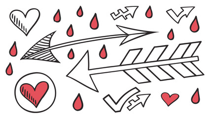 Hand drawn arrows and hearts with red drops doodle