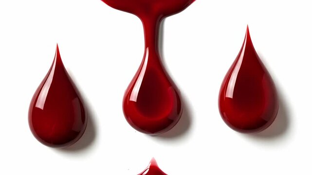 Blood Drops on White Background - Three glossy blood drops, one larger than the other two, are arranged on a pristine white background.