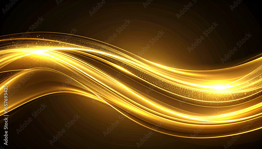 Poster abstract golden light wave design with dynamic motion and glowing effect on dark background.
