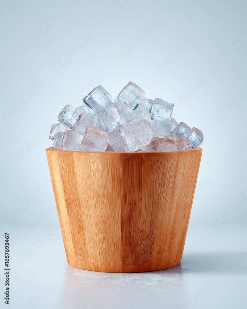 Poster crisp ice cubes in wooden bucket: a collection of clear ice cubes is nestled within a simple wooden 